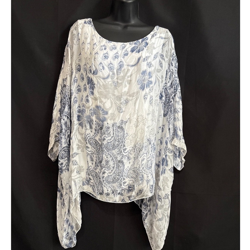 Saks Fifth Avenue Poncho Top Medium Blue White Coastal Silk Paisley Italy Artsy